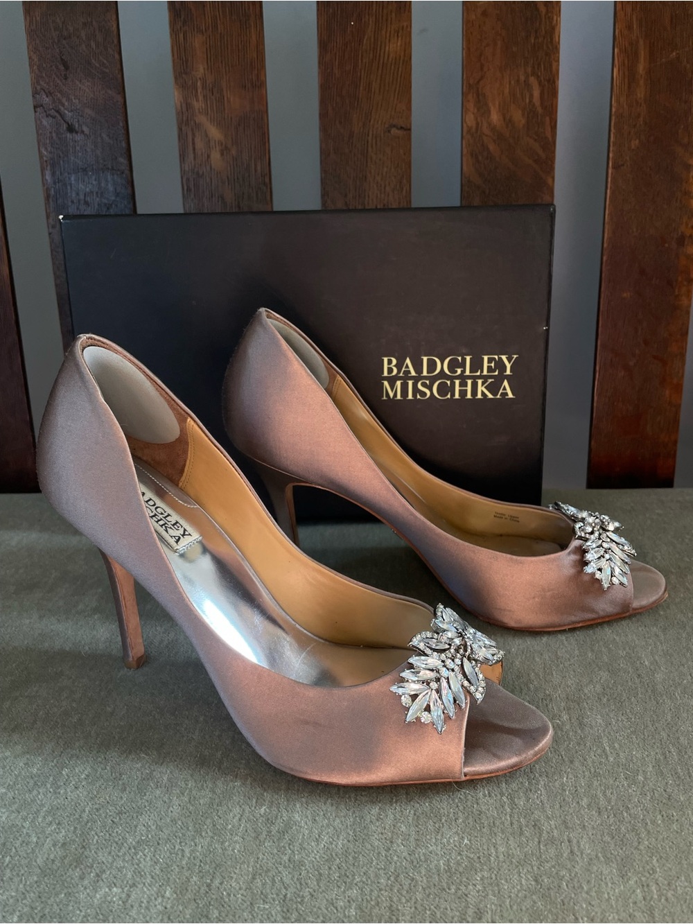 Badgley Mischka Rose Gold Satin Peep-Toe Heels with Crystal Brooch